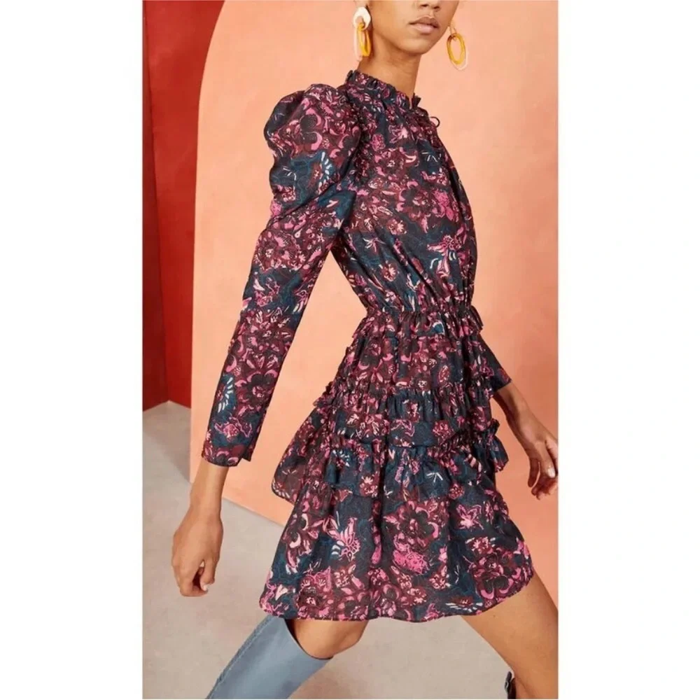 Ulla Johnson Prissa Mini Dress Size 2 Midnight‎ Floral Cotton Ruffle Puff Sleeve